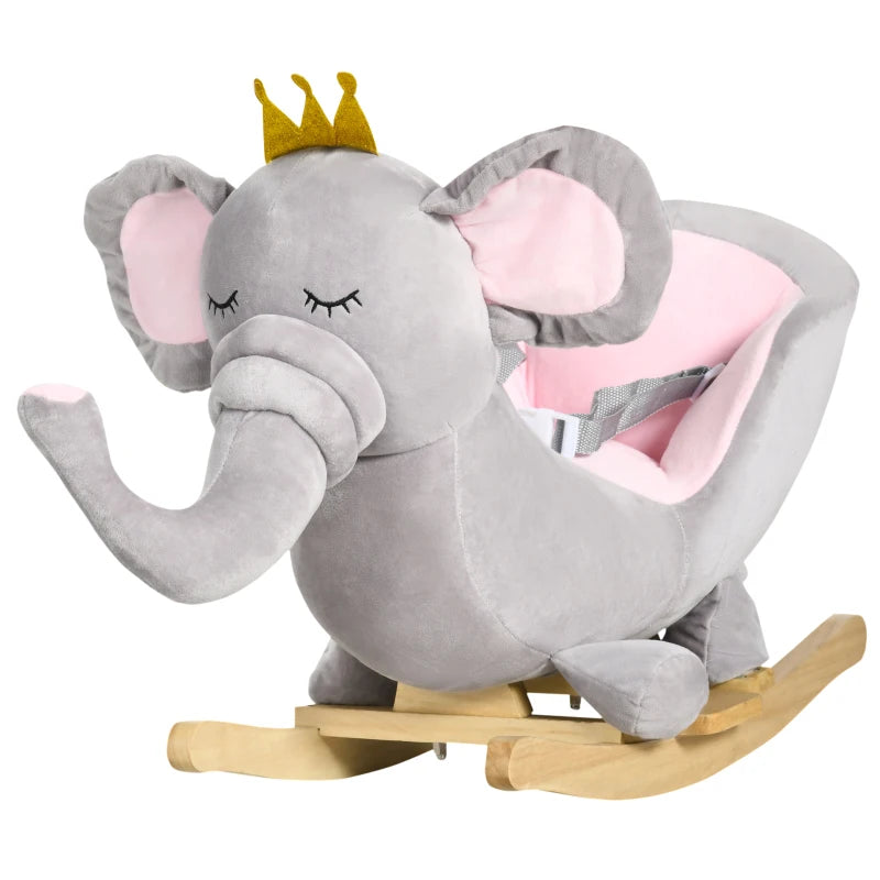 Elephant Rocking Horse for Toddlers with Safety Belt and Wooden Base, 18-36 Months