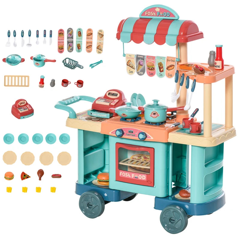 Fast Food Trolley Playset with Cash Register and Accessories for Kids Ages 3-6, 50 Pieces