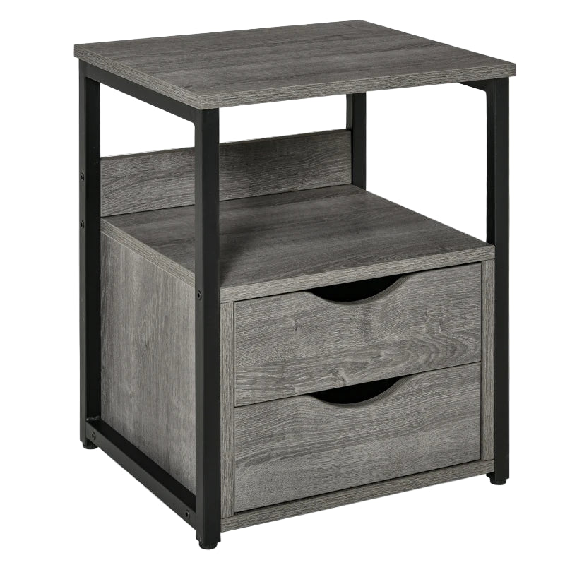 Grey Industrial Nightstand with Storage Shelf & Drawer
