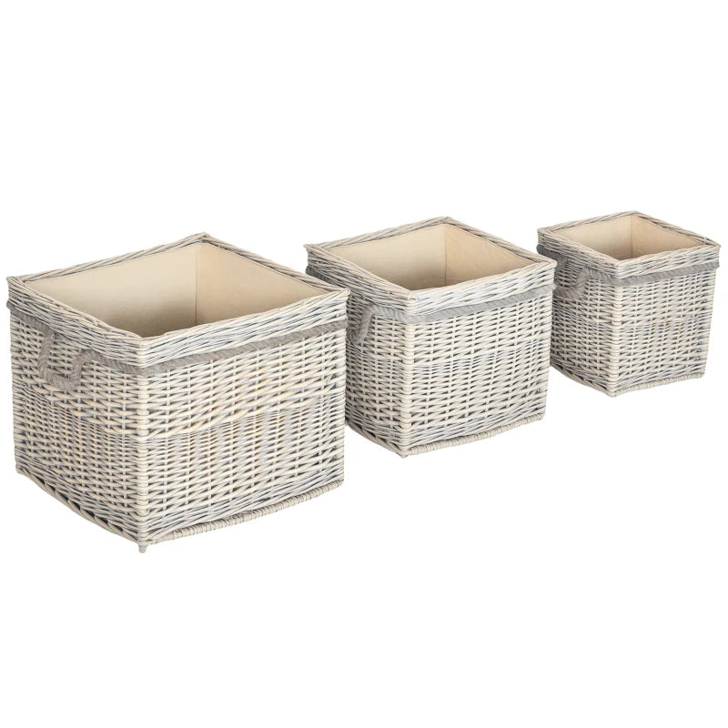 Beige Set of 3 Round Log Baskets with Lining and Rope Handles for Wood or Blanket Storage