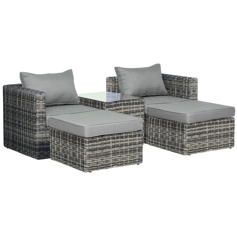 Mixed Grey Rattan Armchair, Stool & Table Set – 5-Piece Outdoor Furniture