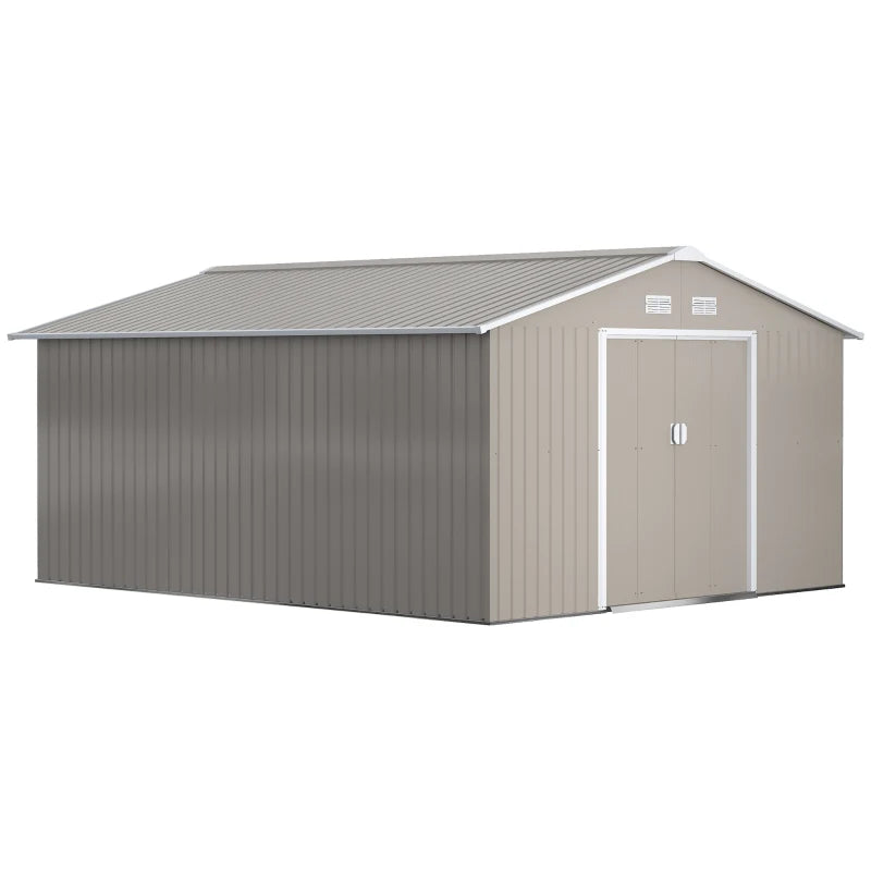 Light Grey 13x11ft Metal Garden Storage Shed – Outdoor Shed with Doors & Ventilation