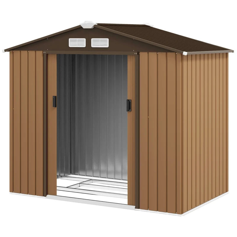 Lockable Metal Garden Tool Storage Shed with Foundation & Vents, 7x4ft Outdoor Shed, Light Brown