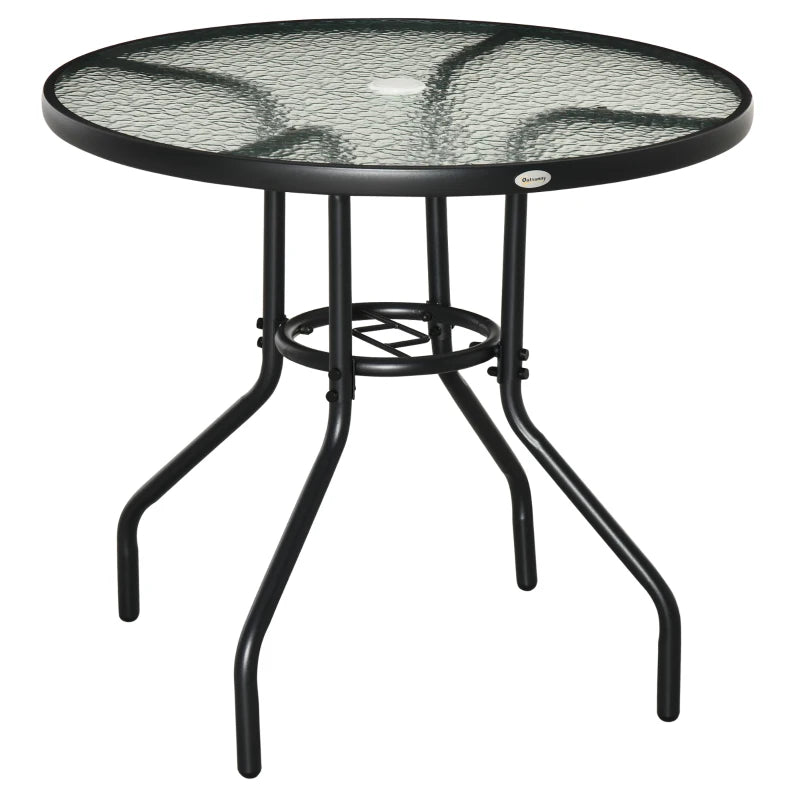 Tempered Glass Top Round Outdoor Table 80cm with Steel Frame and Parasol Hole Included
