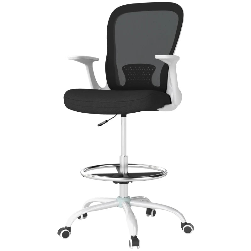 Office Drafting Chair with Flip-Up Armrests – Black White