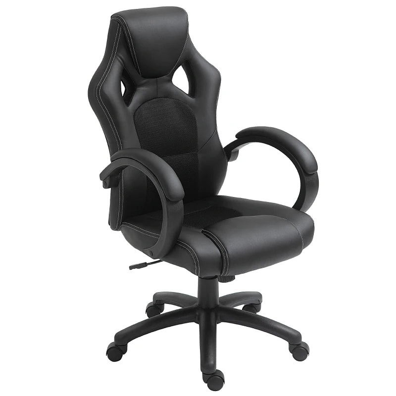 Home Office Desk Chair – Black Faux Leather with Armrests & Wheels