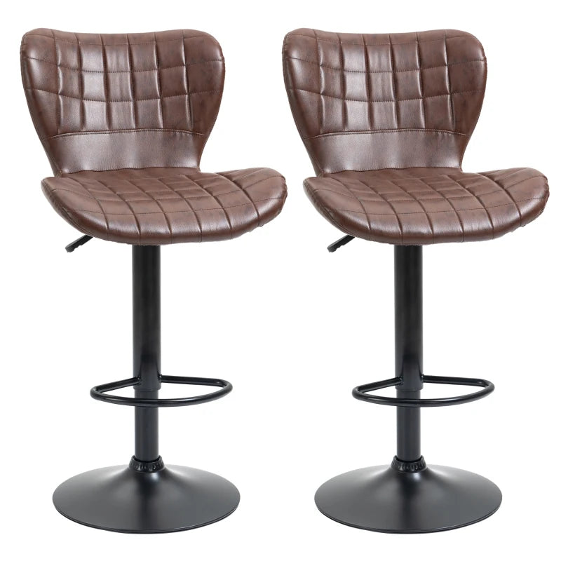 2-Piece Adjustable Swivel Bar Stools, Brown PU Leather, Backrest & Footrest