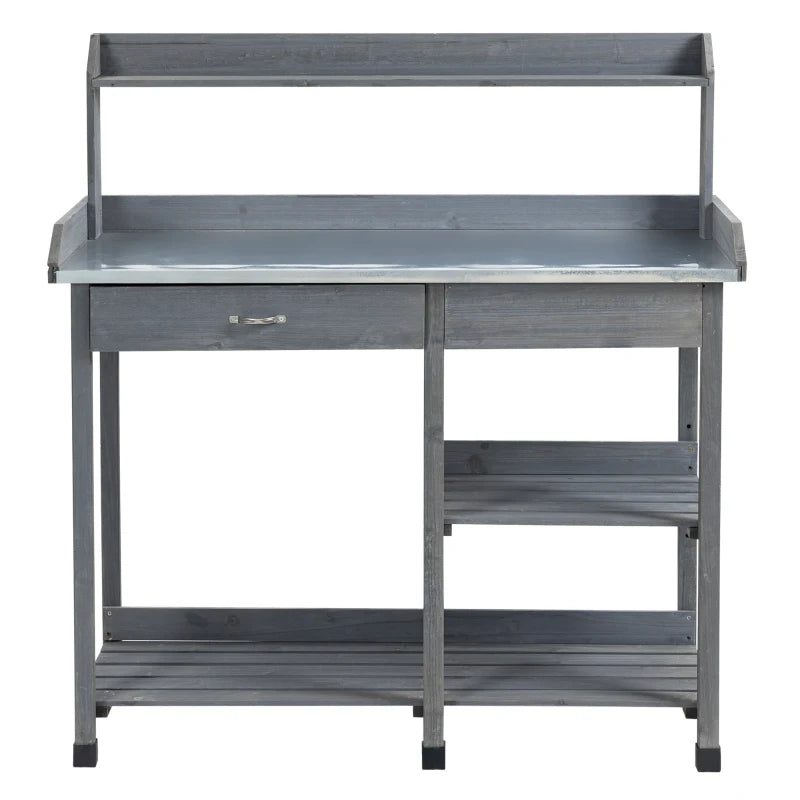 Wooden Potting Table with Metal Top and Storage – For Patio, Garden, or Courtyard