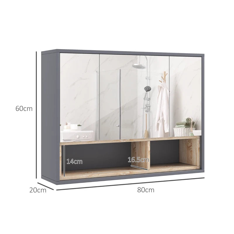 3-Door Wall Mirror Cabinet for Bathroom, Grey with Storage Cupboards