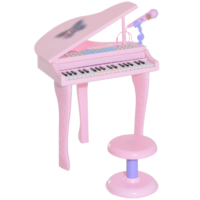 Kids Electronic Grand Piano with Microphone, Lights & Stool – Musical Toy, 37 Keys, Pink