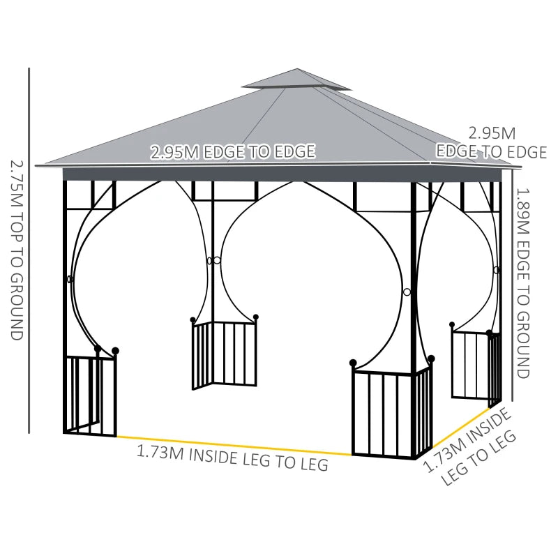 Patio Party Tent with Metal Frame, Double Tier Sun Shade & Netting, Light Grey, 3 x 3m