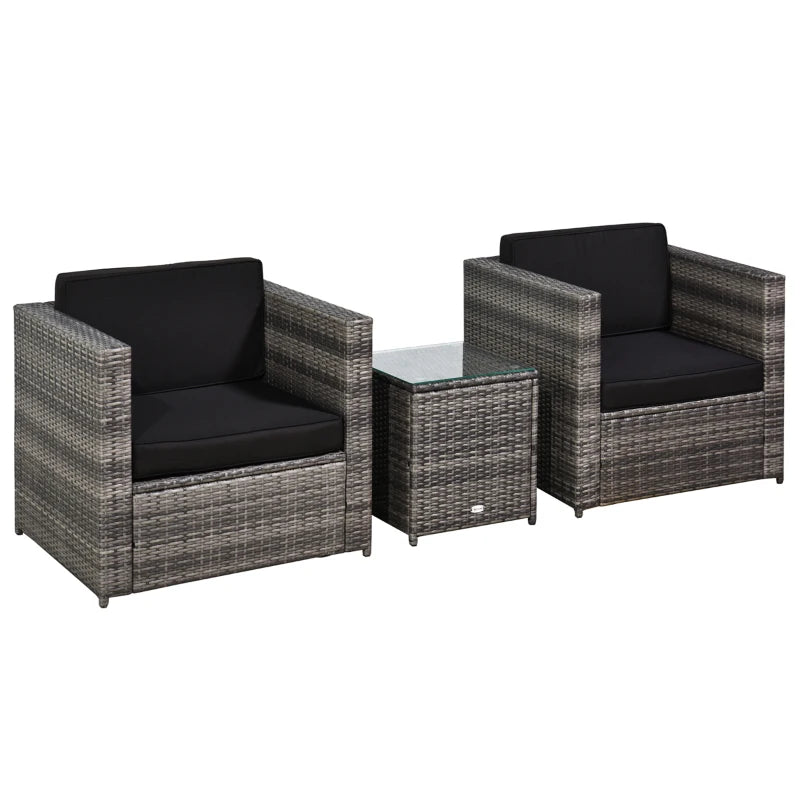 Wicker Bistro Set with Glass Table & Washable Cushions – 3-Piece Grey