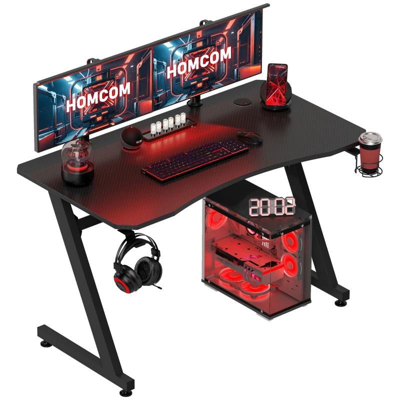 Black Gaming Desk with Steel Frame, Cable Organizer & Cup Holder