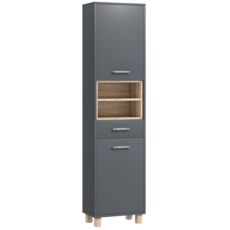 Tall White Bathroom Storage Unit with Open Shelves and Bottom Drawer