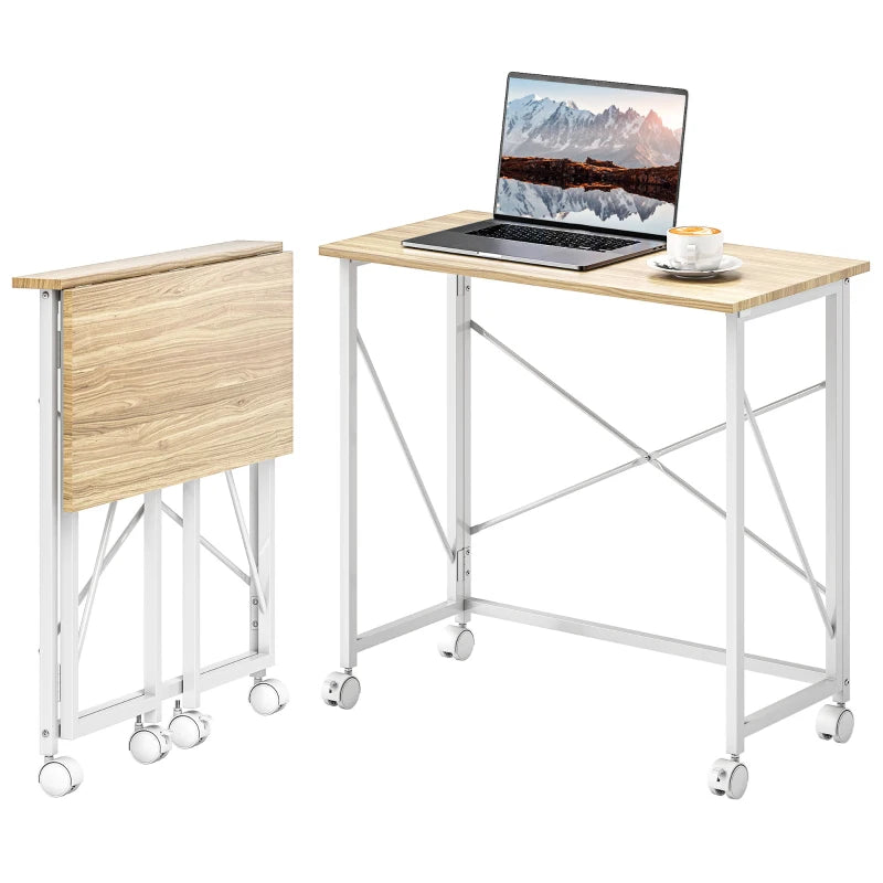 Folding Desk on Wheels – 80cm, Natural Wood Finish