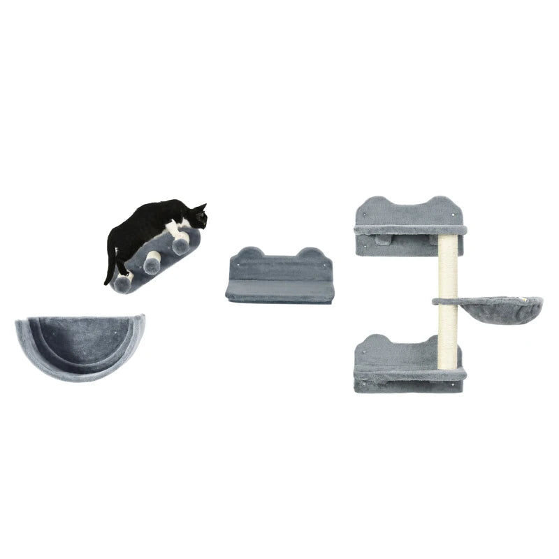 Wall Cat Shelves with Nest & Scratcher – 4 Pieces, Grey