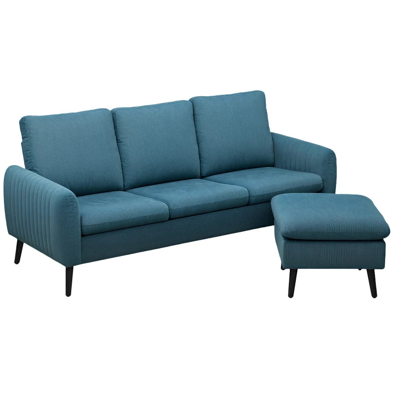 Blue L-Shaped Sofa – 3-Seater Corduroy Couch with Ottoman & Scatter Cushions