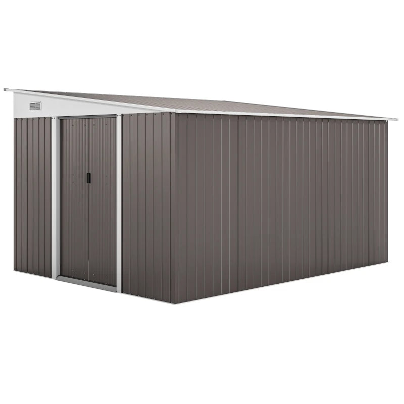 Lean-To Metal Garden Shed with Double Sliding Doors & Vents, Galvanised, 11.3x9.2ft, Grey