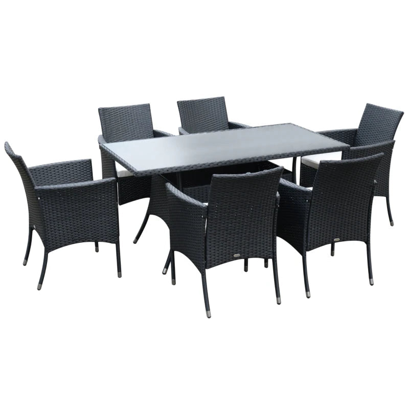6-Seater Rattan Garden Dining Set with Cushions & Glass Table – Outdoor Black