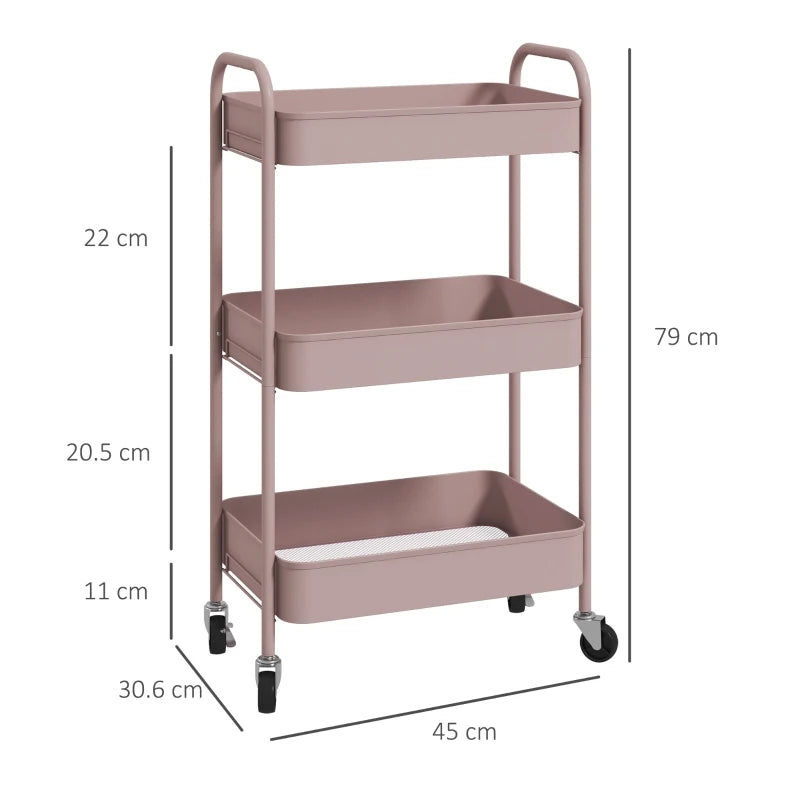 Steel 3-Tier Storage Trolley – Pink Rolling Organizer Cart