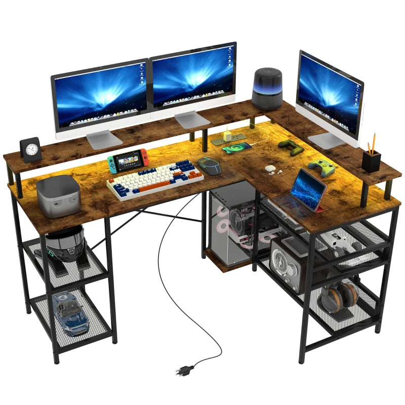 Brown L-Desk with LED Lighting and Storage Shelves