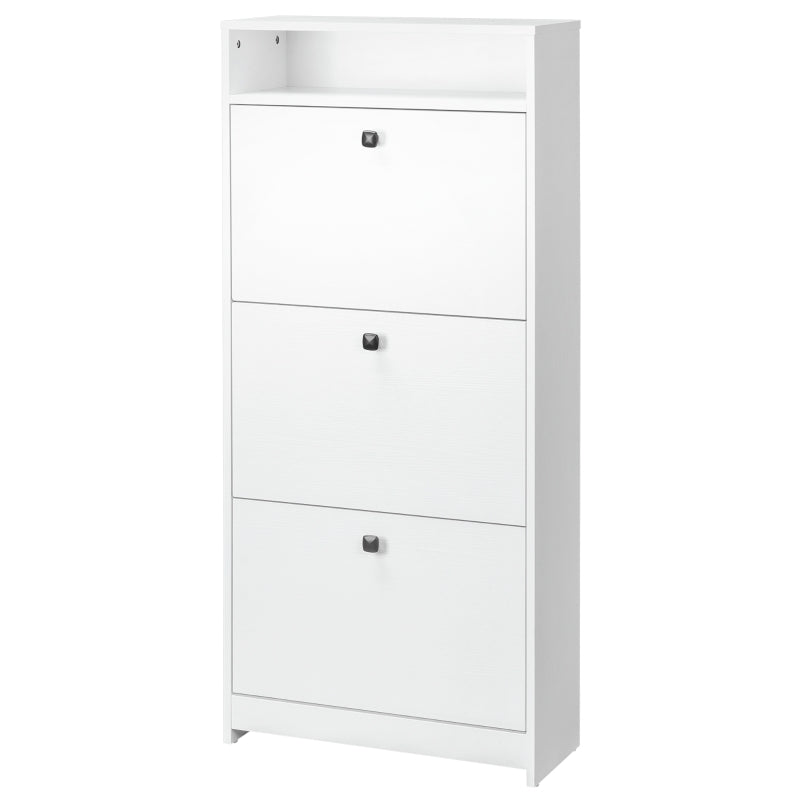 White Narrow Shoe Cabinet – 3 Flip Doors for 14-18 Pairs, Slim Hallway