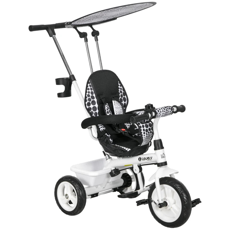 Versatile 6-in-1 Kids Tricycle with 5-Point Harness Straps and Canopy – White