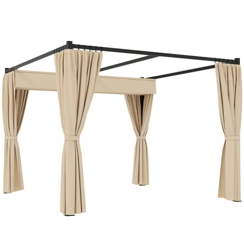 Garden Gazebo Shelter with Retractable Roof & Curtains for Deck, Beige, 3 x 3m