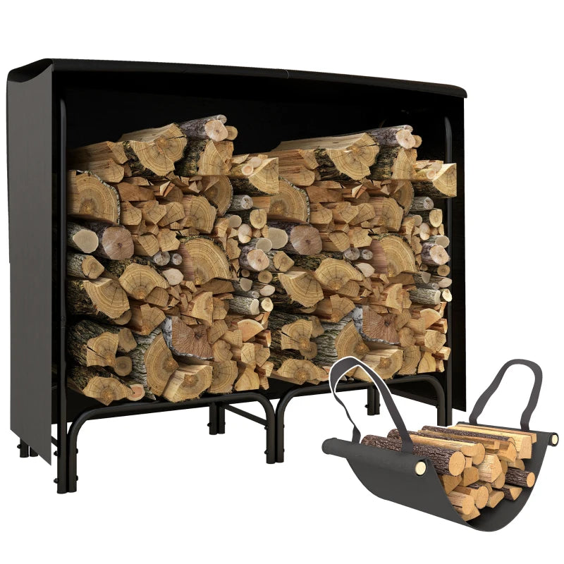 Metal Firewood Storage Rack 4FT with Canvas Bag and Oxford Waterproof Cover, Black