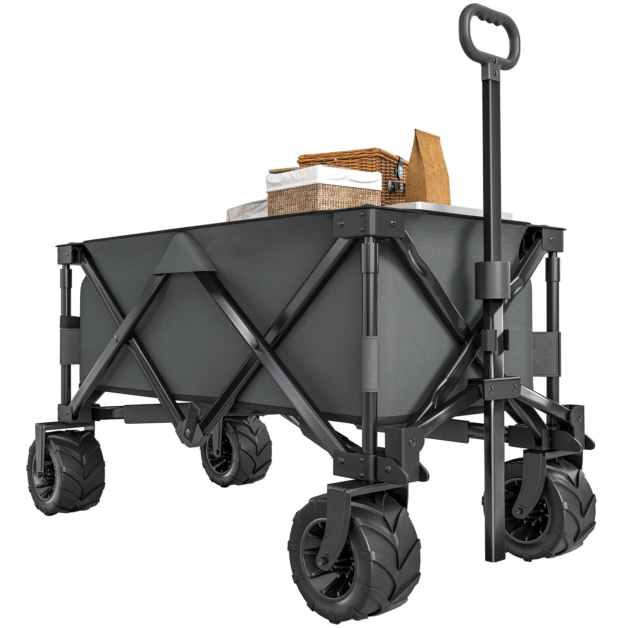 Outdoor Folding Cargo Wagon Cart with Handle Pull Along Trolley for Beach & Garden