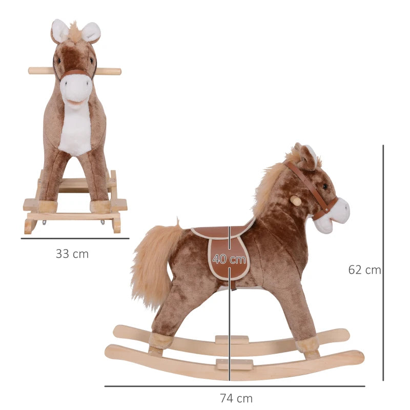 Brown & White Plush Rocking Horse Ride-On with Wooden Base and Handle for Ages 3+