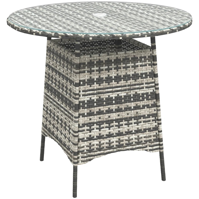 Wicker Garden Rattan Coffee Table with Tempered Glass Top and Umbrella Hole, Grey