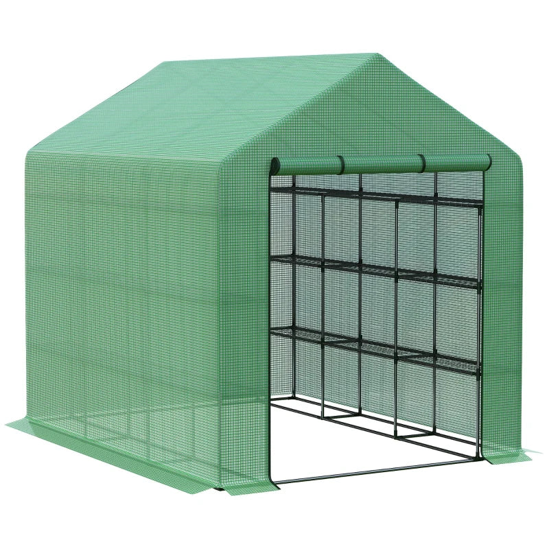 Walk-In Greenhouse with 24 Shelves and Roll-Up Zipped Door Green, 244 x 180 x 210 cm