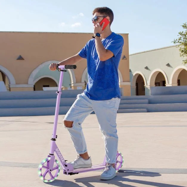Foldable Kick Scooter with Adjustable Handle, 2 Large Wheels & LED Lights
