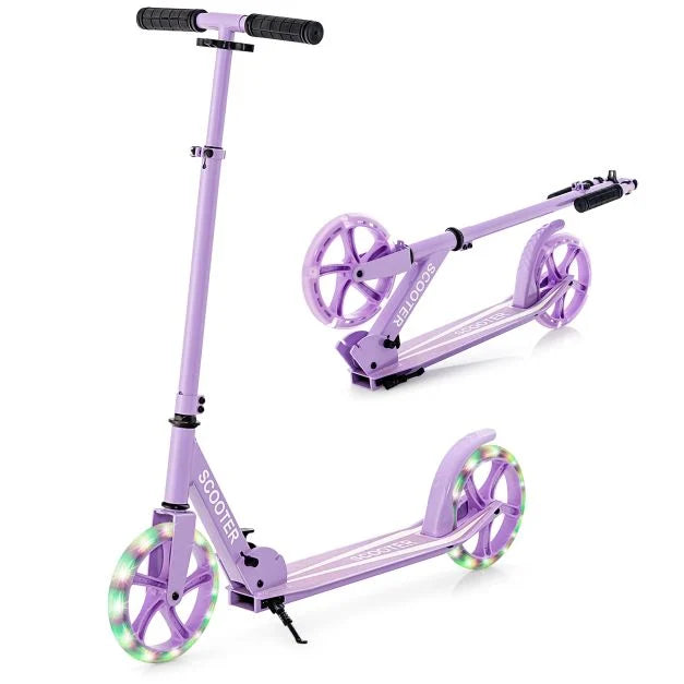 Foldable Kick Scooter with Adjustable Handle, 2 Large Wheels & LED Lights