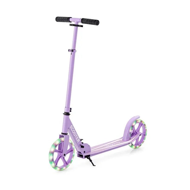 Foldable Kick Scooter with Adjustable Handle, 2 Large Wheels & LED Lights