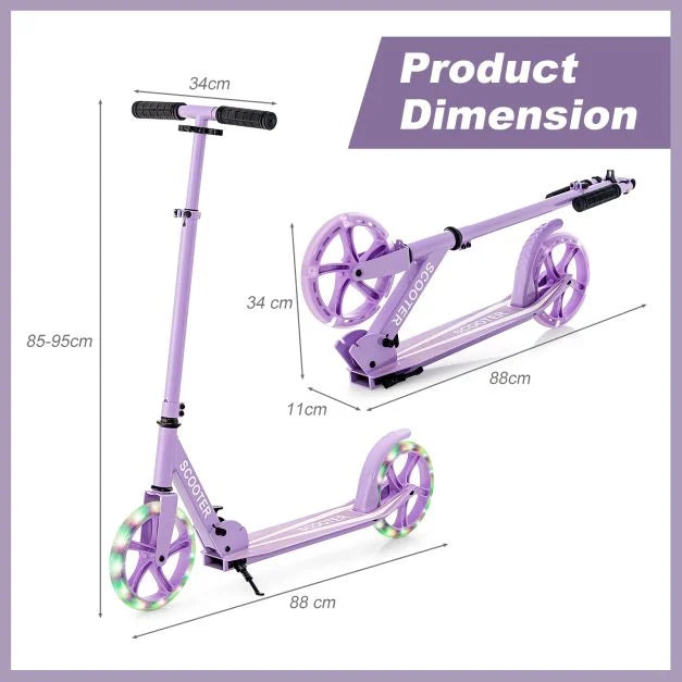 Foldable Kick Scooter with Adjustable Handle, 2 Large Wheels & LED Lights