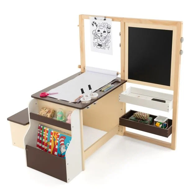 Children’s Art Easel Table and Bench Set with Adjustable Easel & Bookshelf