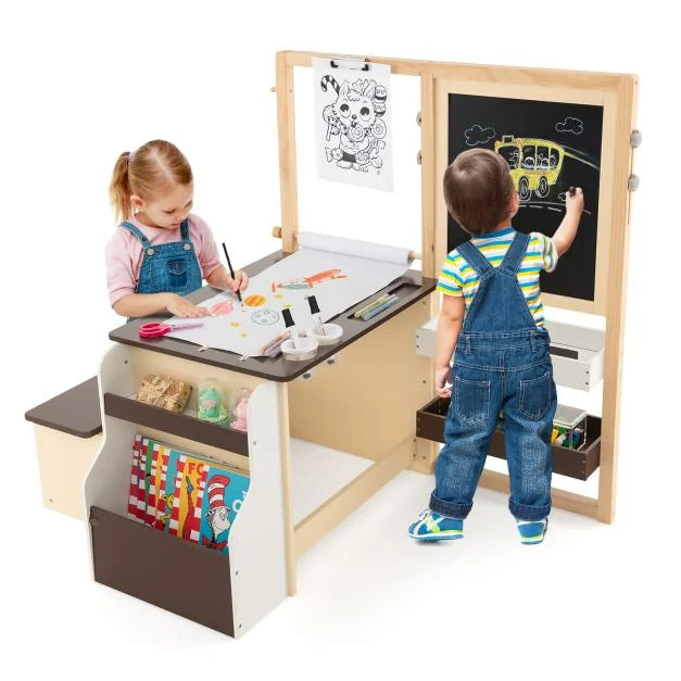 Children’s Art Easel Table and Bench Set with Adjustable Easel & Bookshelf