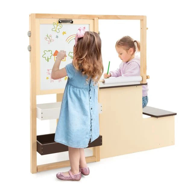 Children’s Art Easel Table and Bench Set with Adjustable Easel & Bookshelf