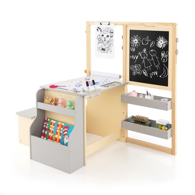 Children’s Art Easel Table and Bench Set with Adjustable Easel & Bookshelf