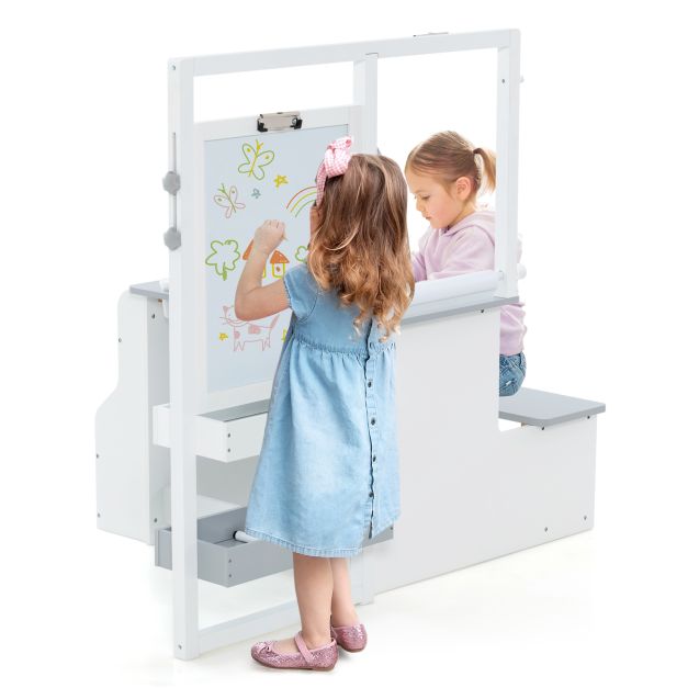 Children’s Art Easel Table and Bench Set with Adjustable Easel & Bookshelf