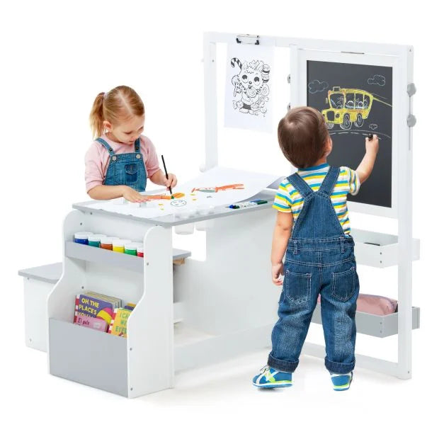 Children’s Art Easel Table and Bench Set with Adjustable Easel & Bookshelf