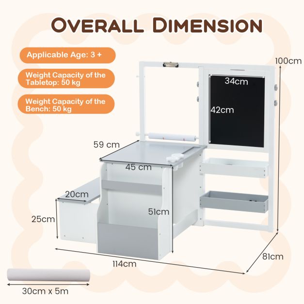 Children’s Art Easel Table and Bench Set with Adjustable Easel & Bookshelf