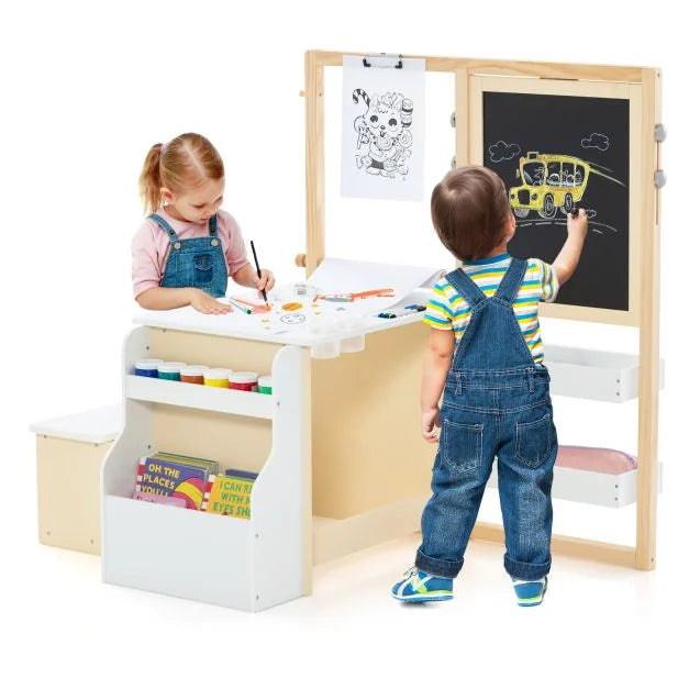 Children’s Art Easel Table and Bench Set with Adjustable Easel & Bookshelf