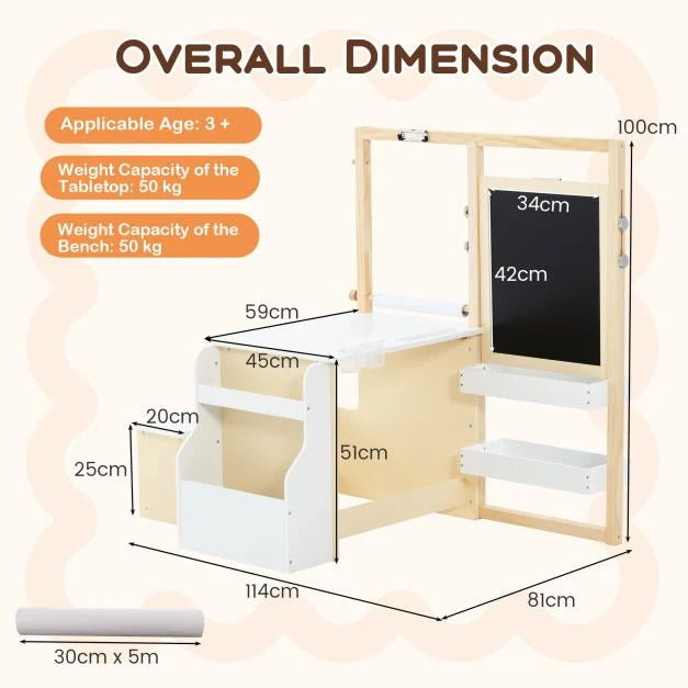 Children’s Art Easel Table and Bench Set with Adjustable Easel & Bookshelf