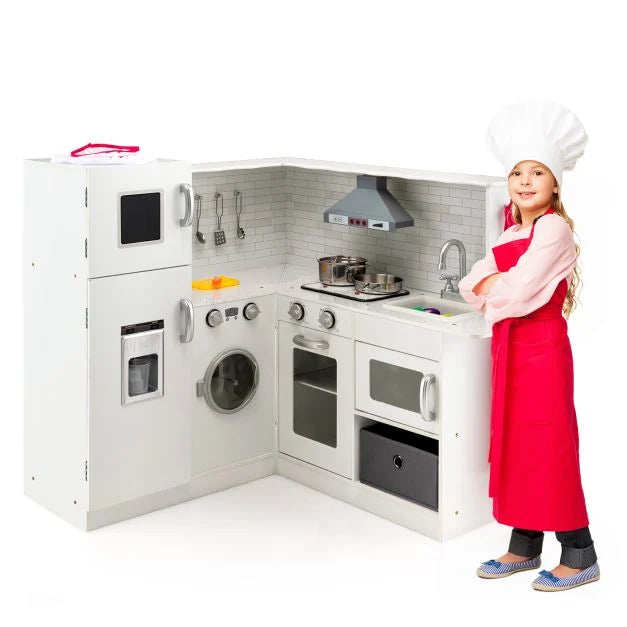 Kids Wooden Corner Kitchen Playset with Cooking Accessories
