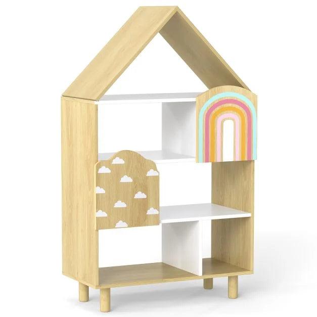 Kids Dollhouse Bookshelf with 2 Doors for Bedroom or Playroom