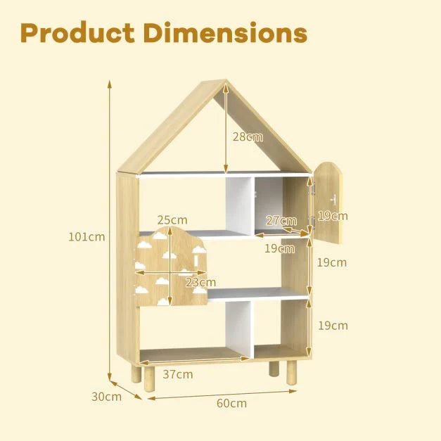 Kids Dollhouse Bookshelf with 2 Doors for Bedroom or Playroom