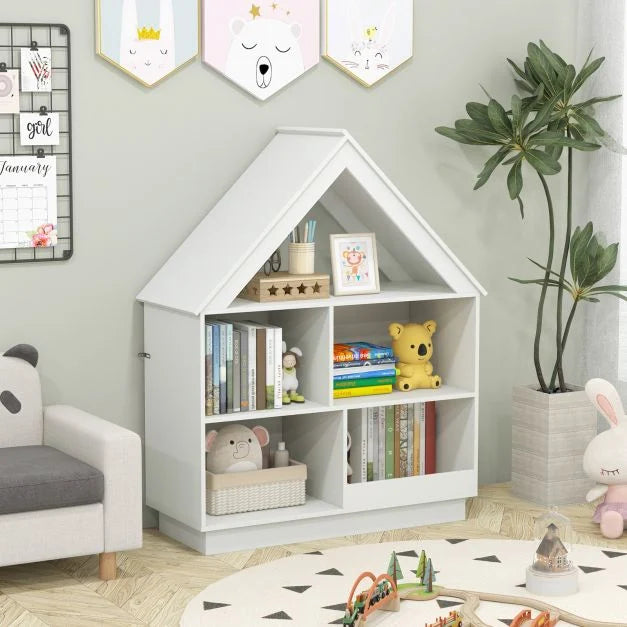 Kids Dollhouse Bookshelf with Anti-Tip Safety & 3-Tier Display